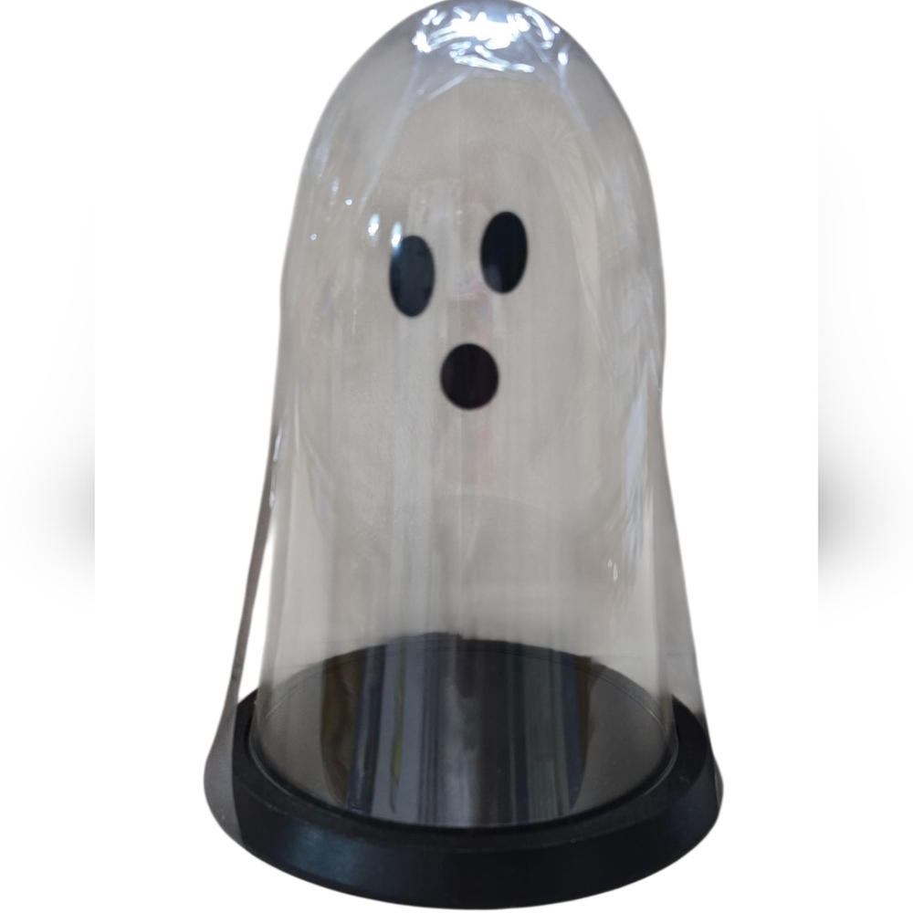 NWT Target Bullseye Halloween Ghost Cloche  Clear Glass With Wood Base